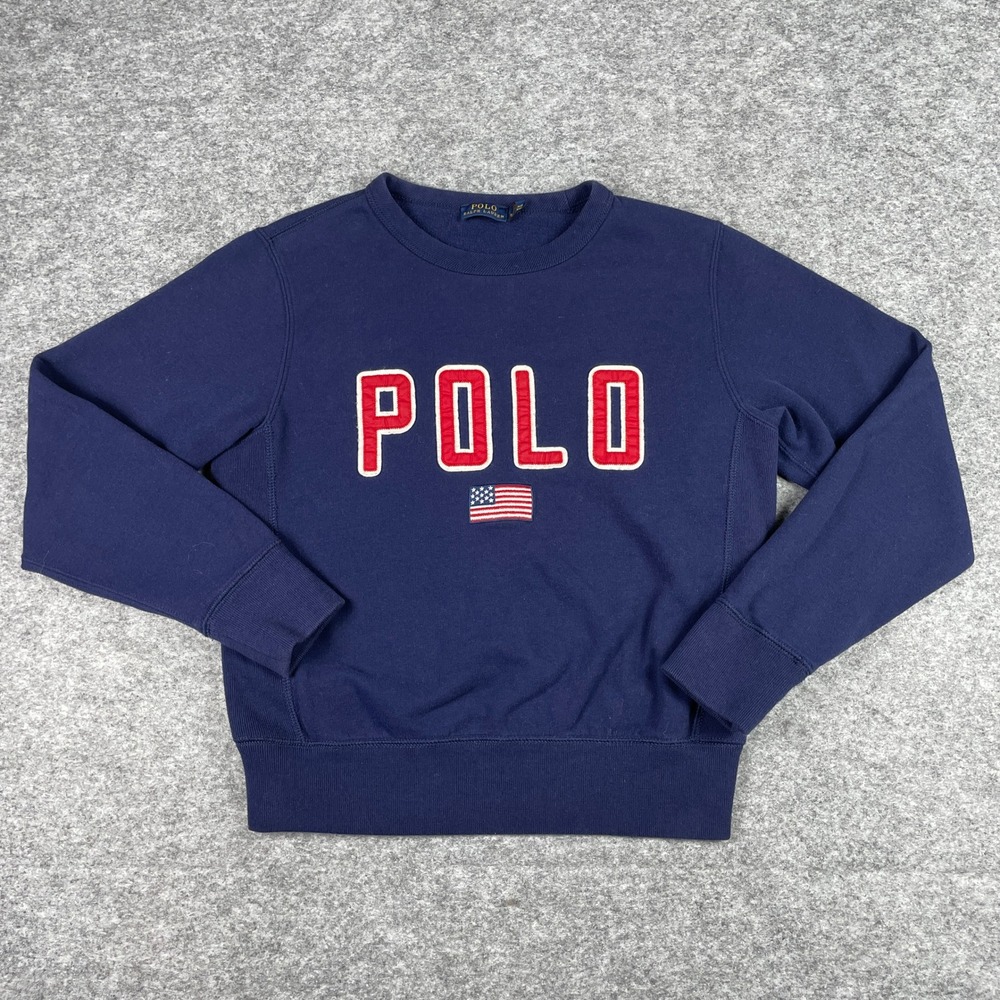 Polo Ralph Lauren Sweatshirt Mens M Navy Blue American Flag Applique Pullover
